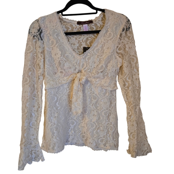 Zena Jeans Vintage Cream Floral Lace Bow Front Top Long Sleeve Small Y2K - Picture 2 of 12